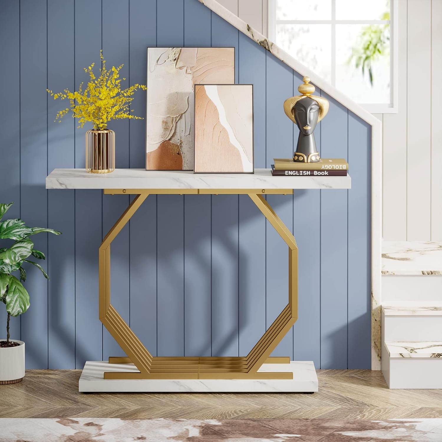 40" White and Gold Console Table, Faux Marble Entryway Table with Geometric Base for Living Room or Foyer