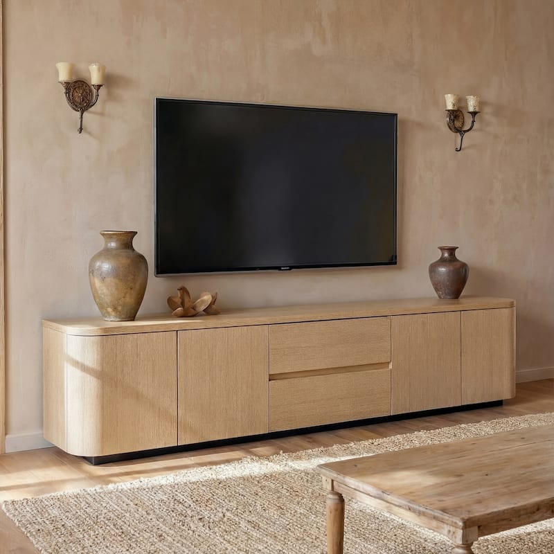 Modern Oak Wood TV Stand with 2 Drawers and Cabinets, 86.6" Long Media Console with Push-to-Open Doors, Anti-Tip Safety Design