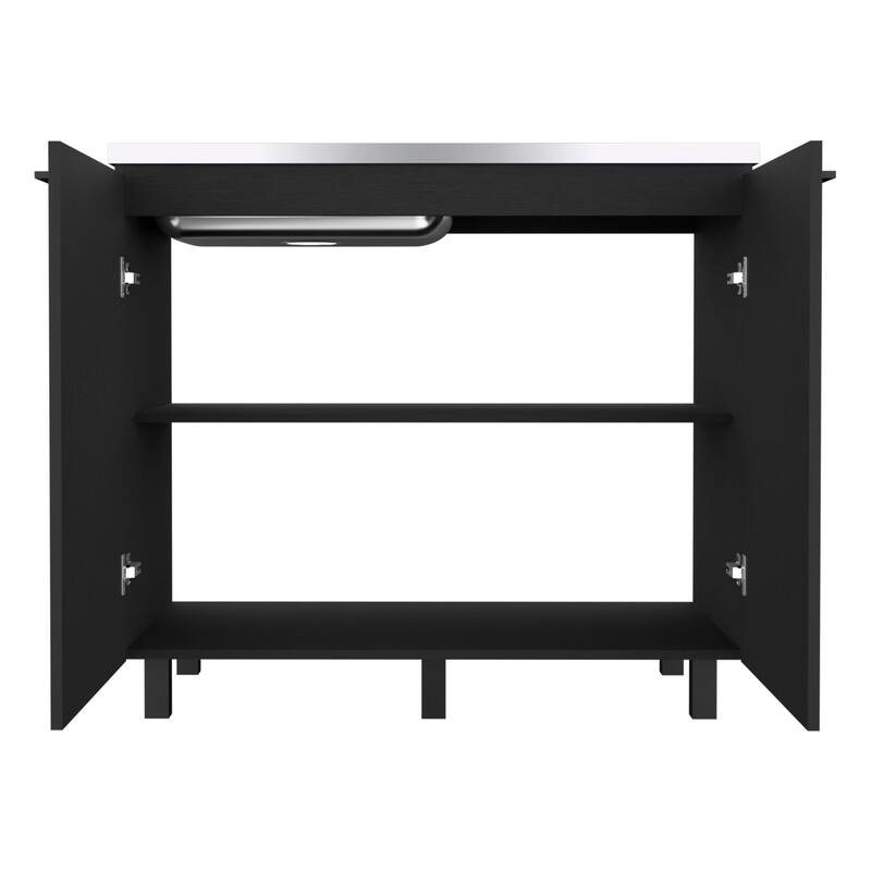 2-Door Freestanding Utility Base Cabinet with Stainless Steel Countertop, Black Finish, Large Shelf for Storage