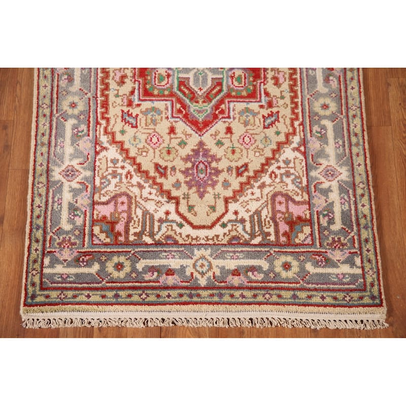 Geometric Beige Heriz-Serapi Foyer Rug Hand-Knotted Wool Carpet - 3'0" x 5'1"