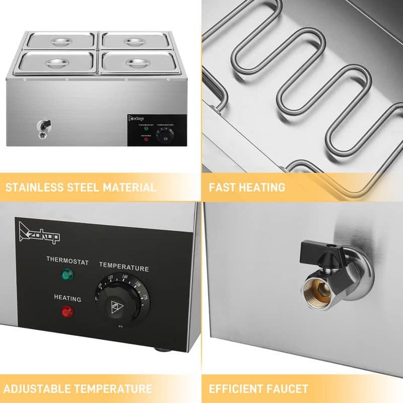 ZOKOP 600W 20Qt Stainless Steel Four Plates Heating Food Warmer