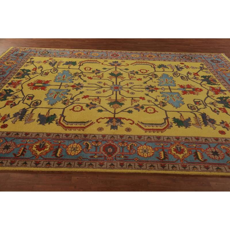 Yellow Oushak Indian Area Rug Hand-Knotted Wool Carpet - 8'10"x 11'10"