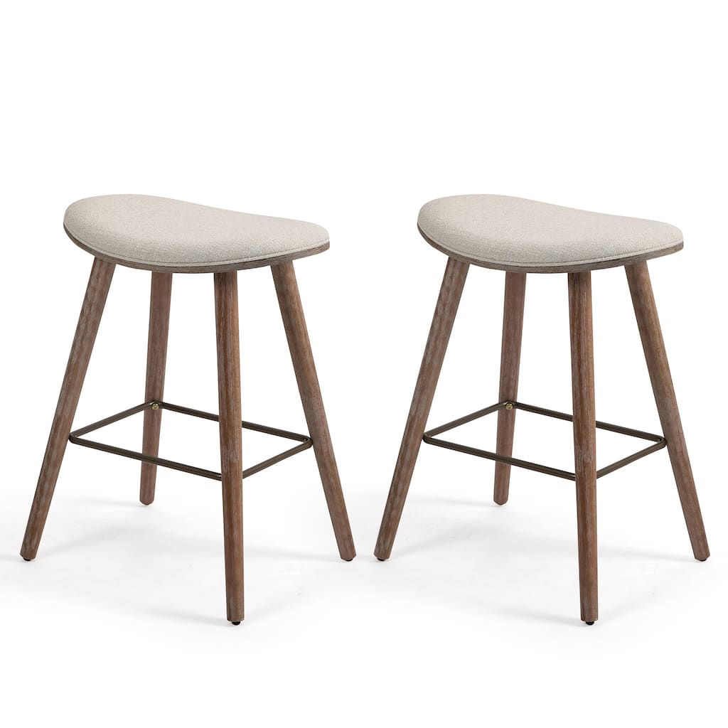 Set of 2 Beatriz Beige Woven Fabric Counter Stool with Wood Legs
