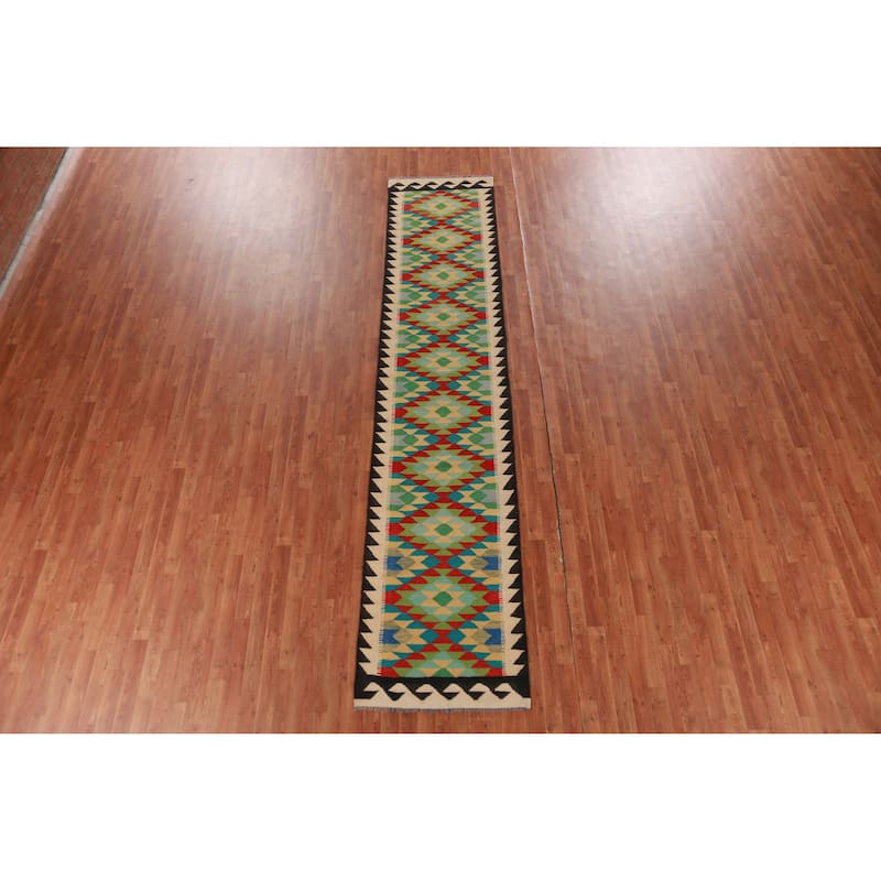 Hand Woven Oriental 100% Wool Carpet Southwestern Geometric Multi-Colored Kilim Runner Rug - 13' 0'' X 2' 8''