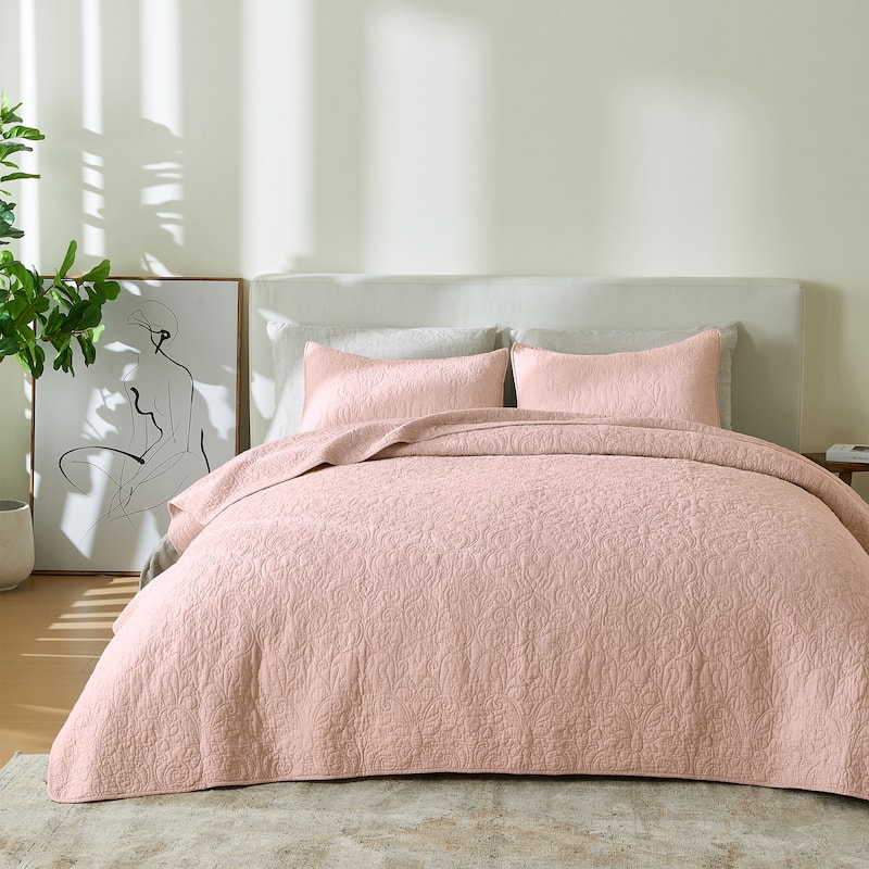 Patina Vie Maison 100% Cotton Stitched 3 Piece Quilt and Sham Set - Rose - Heirloom - Full - Queen