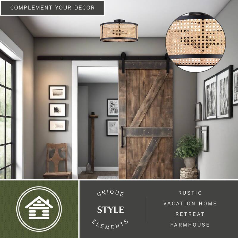 Berens 15.5-in W Matte Black Modern Farmhouse Drum Semi Flush Mount Ceiling Light with Rattan Cane Shade