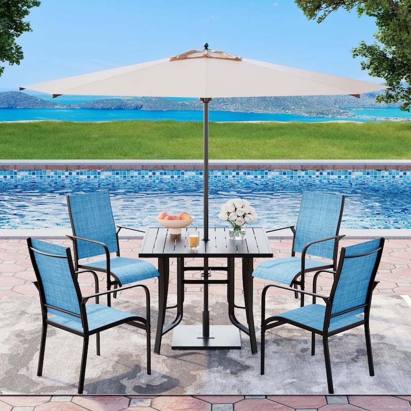 5/7/9-Piece Outdoor Patio Dining Set with Stackable Textilene Chairs and Slatted Table, Furniture with Adjustable Umbrella Hole - 5 Piece - Blue