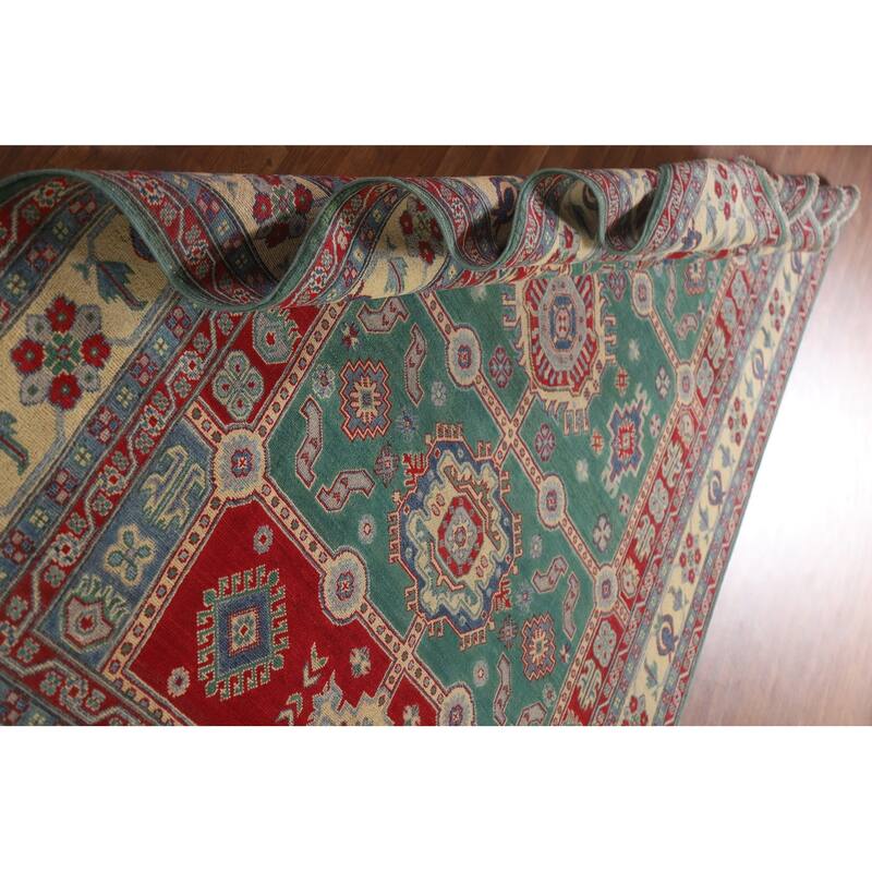 Hand Knotted Oriental 100% Wool Carpet Traditional Geometric Green Kazak Area Rug - 9' 9'' X 6' 7''