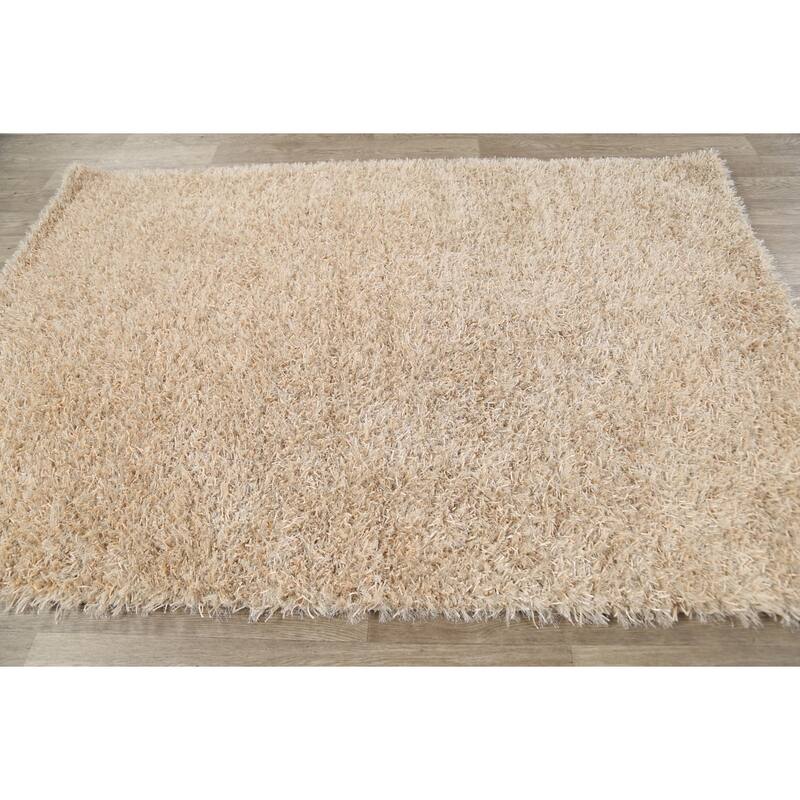 Hand Knotted Oriental Polyester Carpet Modern Contemporary Beige & Ivories Shaggy Area Rug - 7' 5'' X 5' 3''