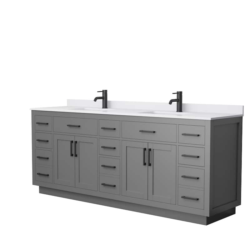 Beckett TK 84-inch Double Vanity, Cultured Marble Top - Dark Gray, Black Trim, White Cultured Marble Top