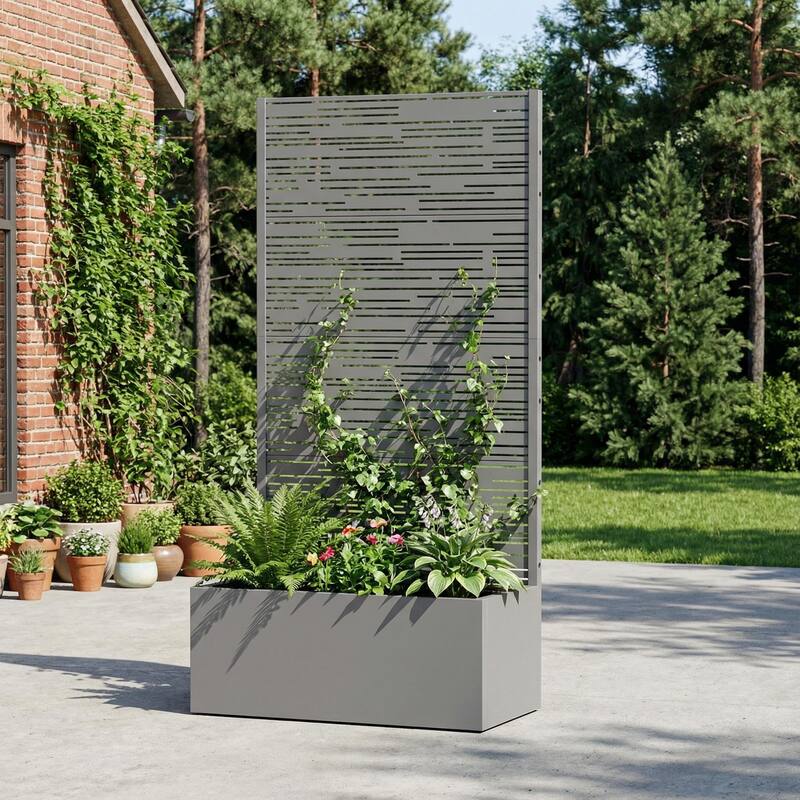 Metal Galvanized Planter Box with Trellis Privacy Screen Lockable Wheels - Grey