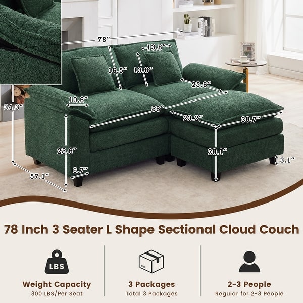 dimension image slide 13 of 17, Modular Cloud Chenille Sectional Sofa with Ottomans, Deep Seat Convertible L-Shaped or U-Shaped Couch