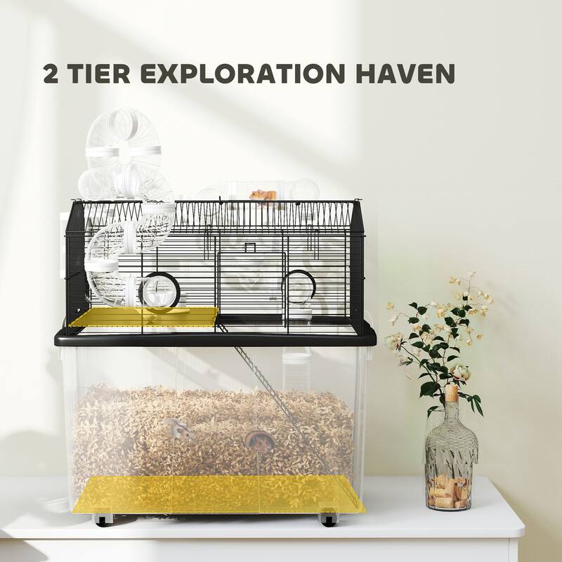 PawHut Large Hamster Cage with 12" Deep Tray, 2 Tier Gerbil Cage with Tube System, Water Bottle, Ramp, Black