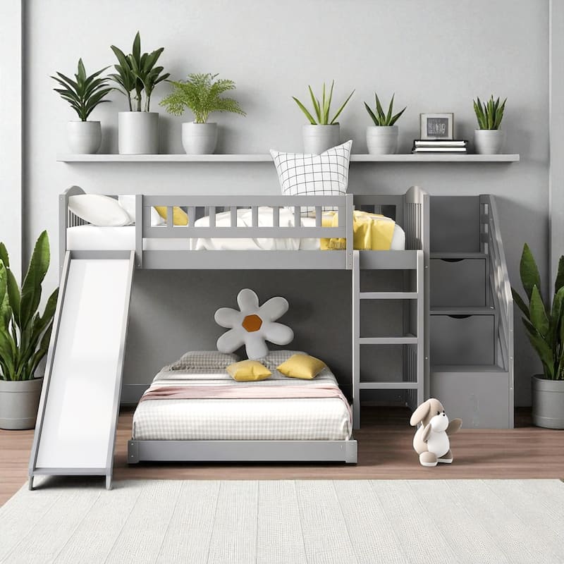 Stairway Twin over Twin Bunk Bed with Slide and 2 Drawers, Reversible Ladder and Guardrails - Grey - Twin