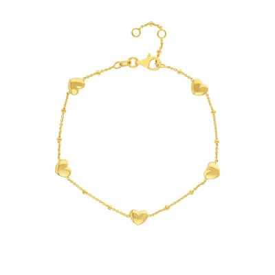 Curata 14k Yellow Gold 7.25" Puffed Heart Station Adjustable Saturn Chain Bracelet