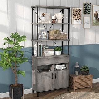 DH BASIC Farmhouse Vintage Grey Oak 5-Shelf and 2-Drawer 2-Cabinet Bookcase by Denhour