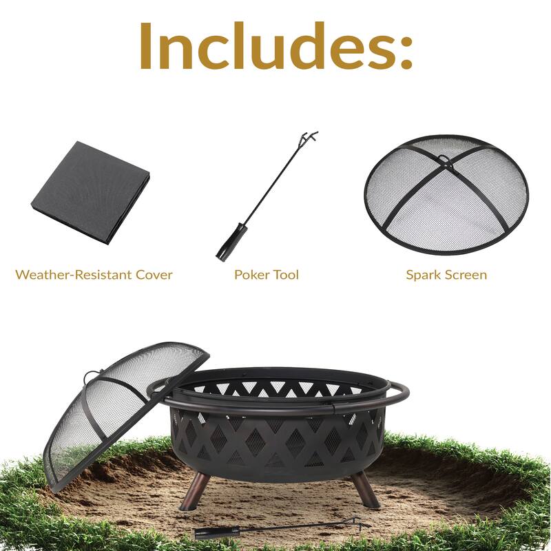 36" Fire Pit Steel with Black Finish Crossweave with Spark Screen