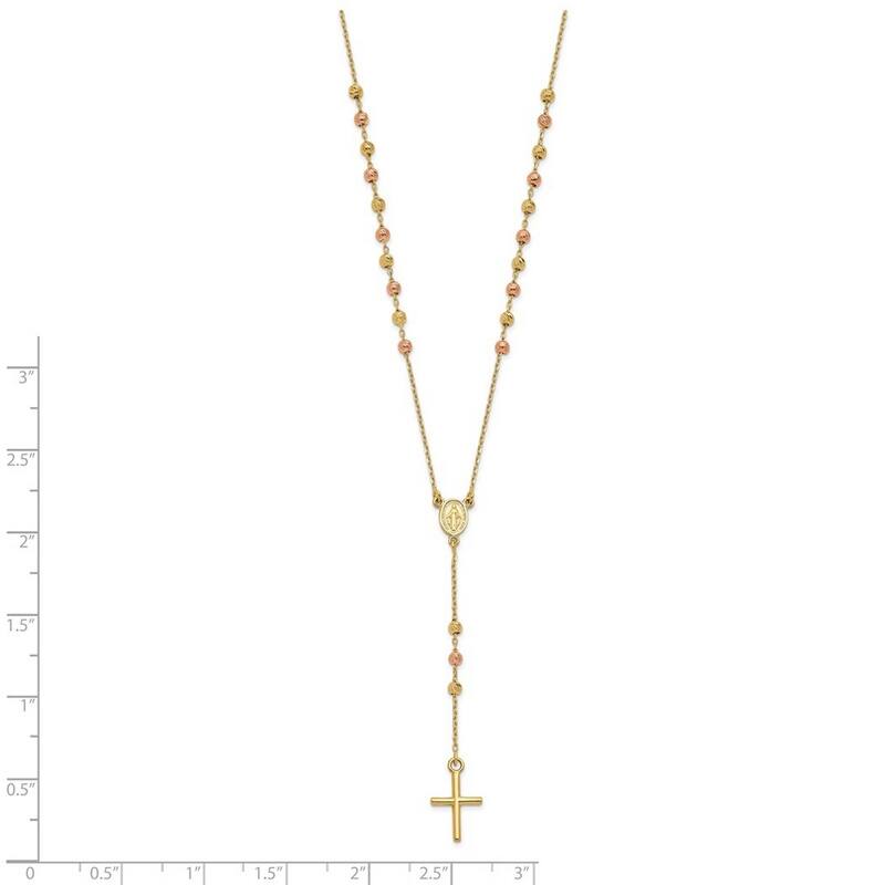 Curata 14k Italian Yellow and Rose Gold Rosary Cross Y Lariat Necklace, 16.5+1"