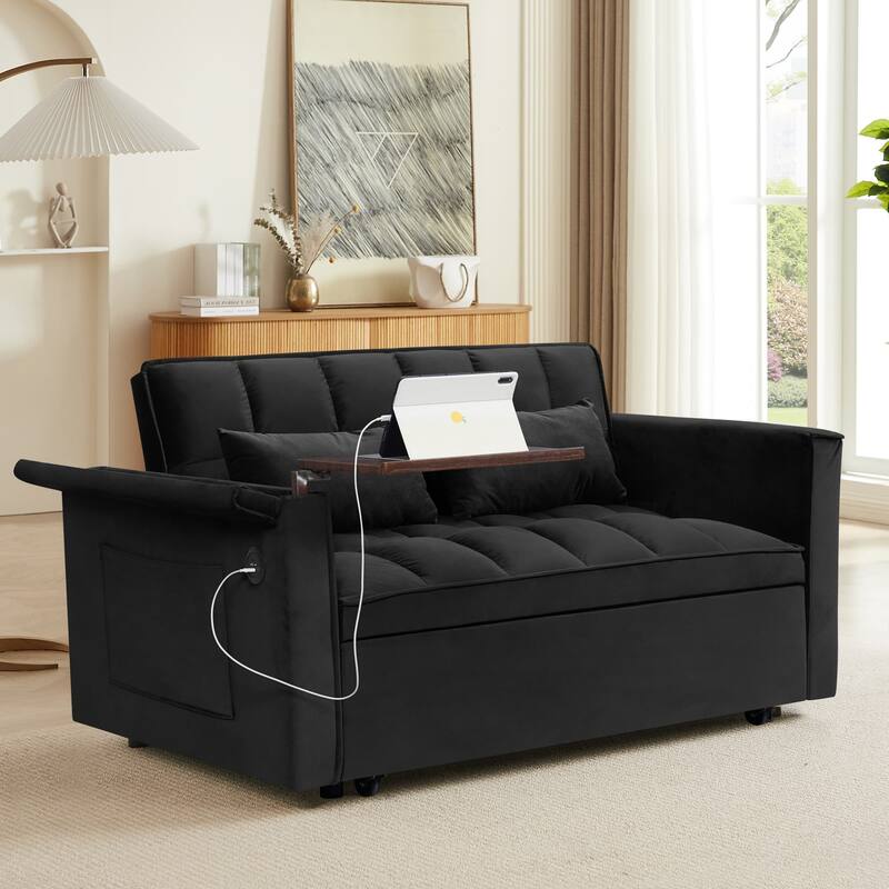 55.5" Convertible Velvet Double Sleeper Sofa Bed with Hidden Side Table
