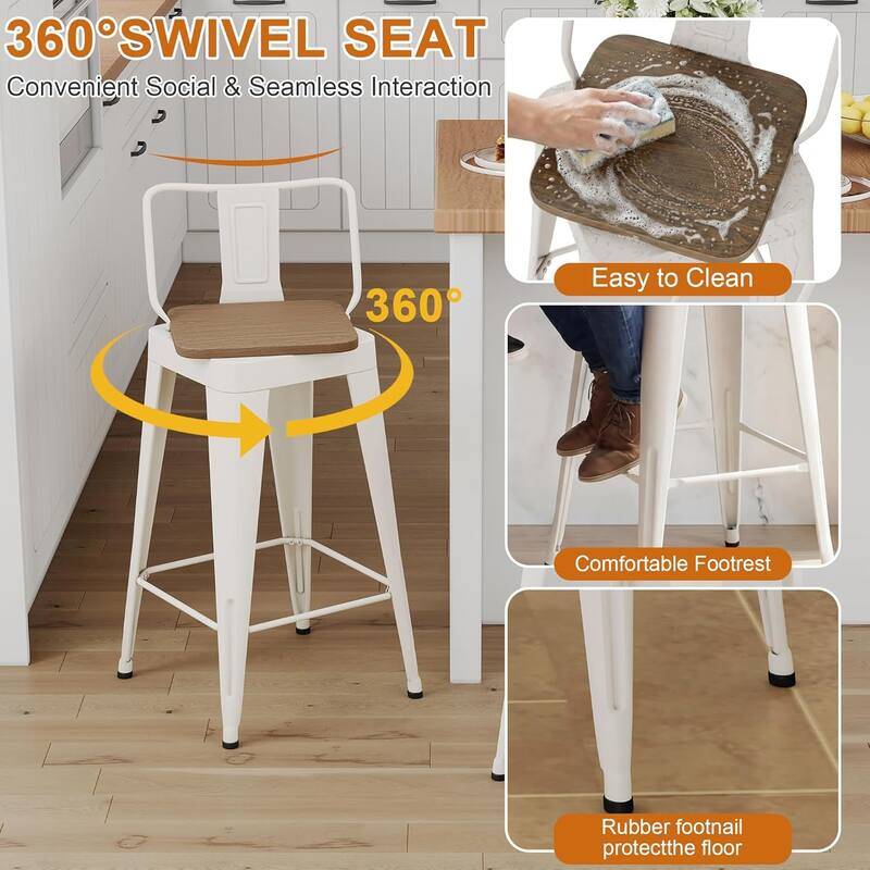 Swivel Counter Stools with Metal Frame Farmhouse Counter Chairs with low Back 24" Kitchen Bar Furniture Stools with Wooden Seat
