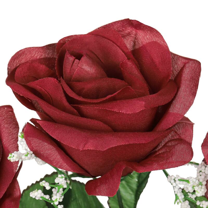 Set of 12 Burgundy Artificial Open Rose Flower Stem Bush Bouquet 14in - 14" L x 7" W x 7" DP