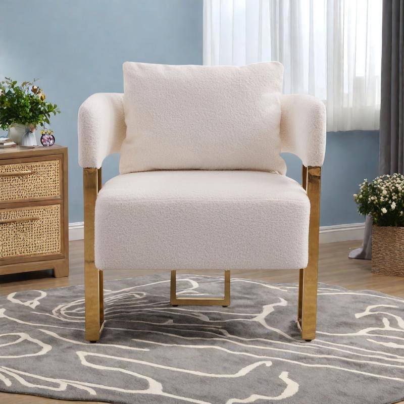Teddy Fleece Modern Accent Chair with Gold Metal Legs and High-Rebound Cushion - White+Gold