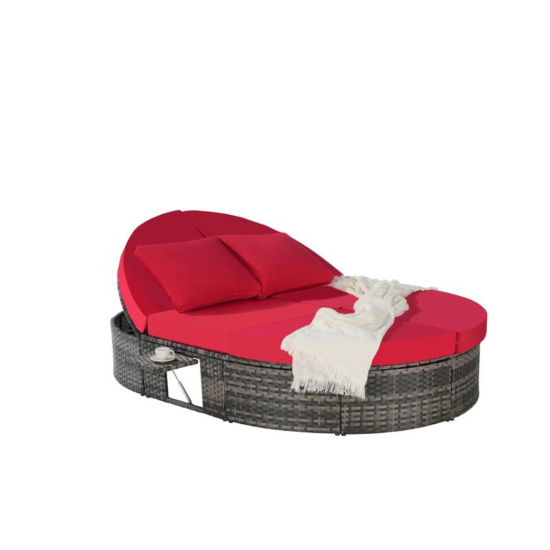 Outdoor Patio Rattan Round Daybed Sunbed with Adjustable Backrests and Foldable Cup Trays
