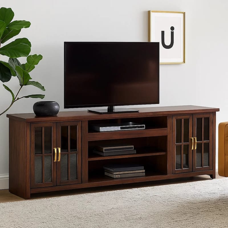 Zeka TV Media Console, 98 Inch w 2 Glass Cabinets, Dark Brown Mahogany
