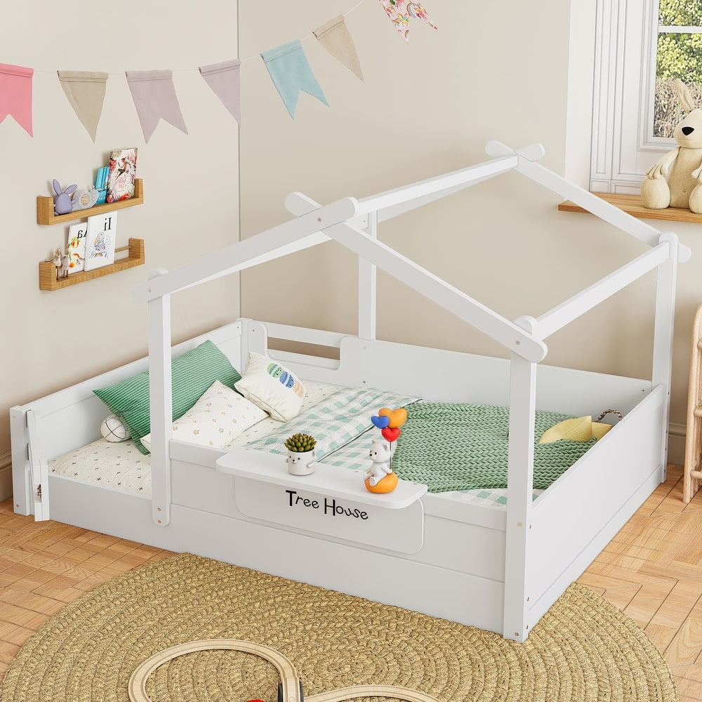 Kids House Floor Bed with Guardrails, Roof & Built-in Tray - Queen/Full/Twin Size, Childlike Design