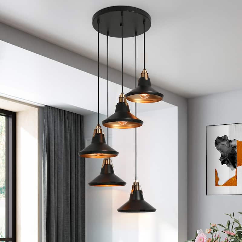 Modern Farmhouse 5-Light Black Brass Metal Chandelier with Bowl-Shaped Pendant Lights for Kitchen Dining Room - 20" D x 7" H