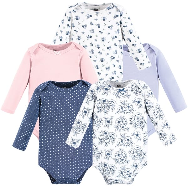 slide 1 of 1, Hudson Baby Infant Girl Cotton Long-Sleeve Bodysuits, Blue Toile 5-Pack 0-3 Months - Blue Toile 5-Pack