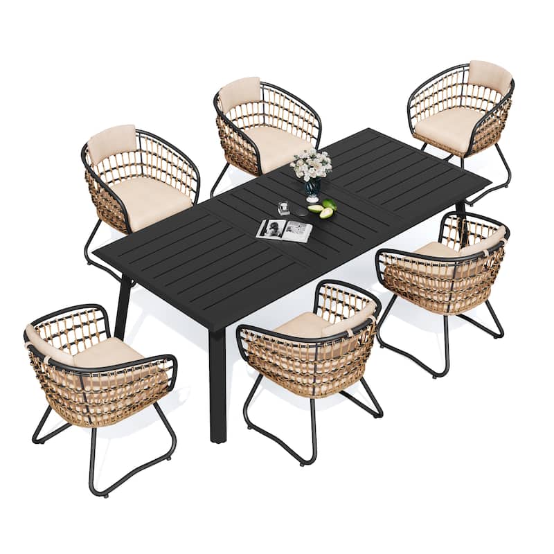 7PC Outdoor Aluminum Dining Table with Umbrella Hole with Rattan Chair