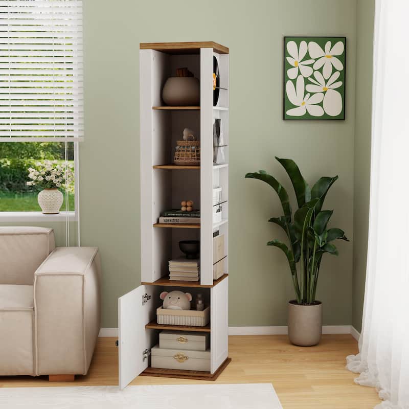 360°Rotating Storage Cabinet with Full-Length Mirror,total of 8 open shelves on both sides,One Side Hooks,1 Door with a Shelve