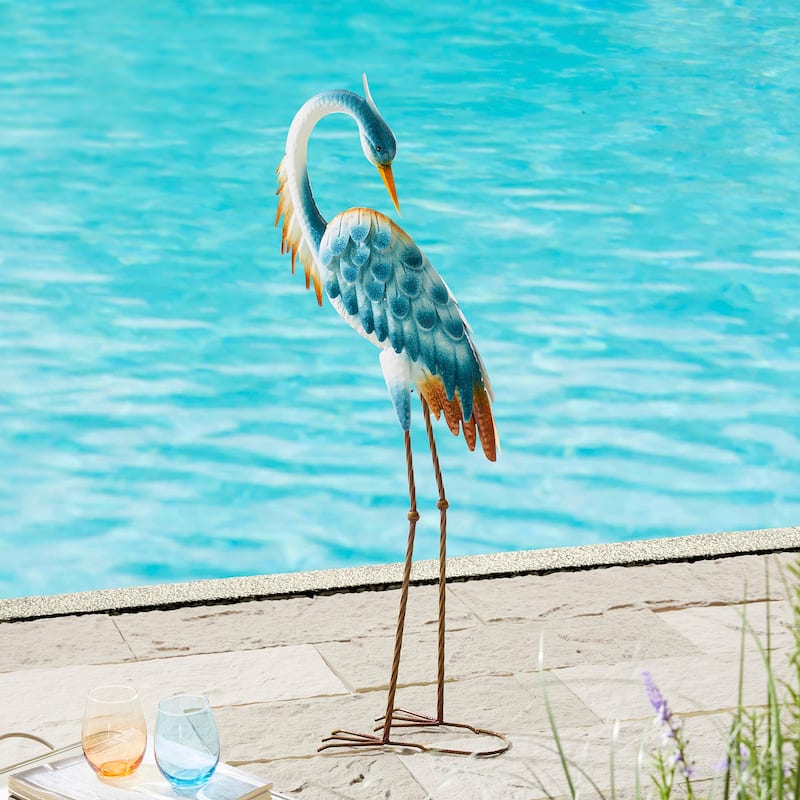 Glitzhome Metal Standing Crane Flamingo Garden Statue with Stakes Yard Art Sculpture Porch Decor