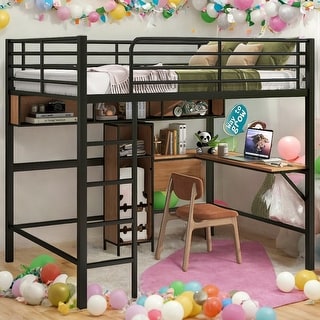 Full Size Metal & Wood Loft Bed with L -shaped desk and shelves, Black