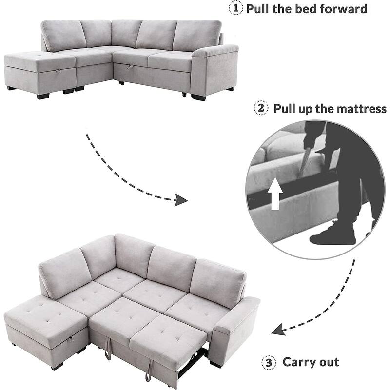87.4 in. L-Shape Velvet Sleeper Sectional Sofa in. 5-Seat Sofa Bed with 2-USB, Storage Ottoman and Hidden Storage Arm