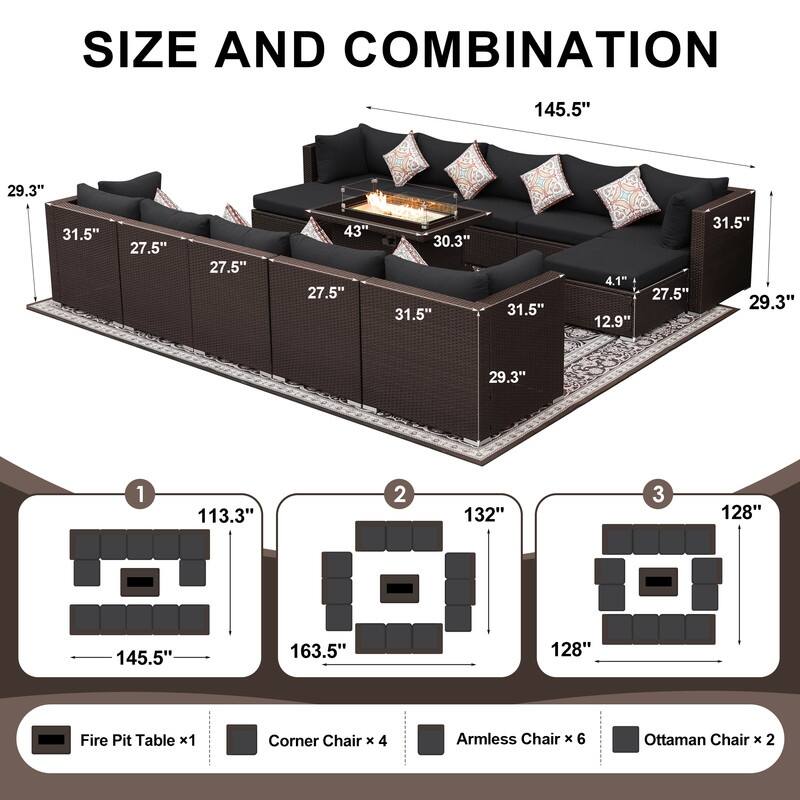 13-Piece Outdoor Wicker Patio Sectional Conversation Set with 43" CSA Fire Pit Table