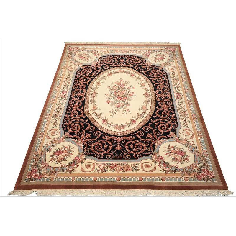 8'11''x11'11'' Hand Knotted Wool Ivory Aubusson Savonnerrie Floral Botanical Rug - 8' 11'' x 11' 11''