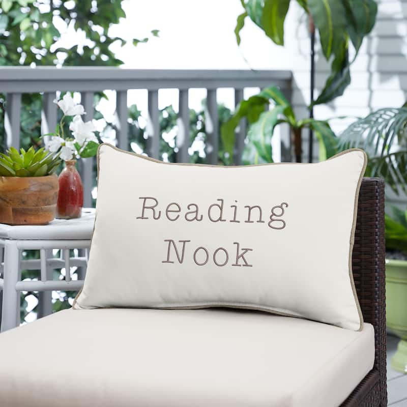 Sunbrella Canvas Embroidered "Reading Nook" Indoor/Outdoor 13x20 Corded Lumbar Pillow (Single) - 20 x 13 x 6 in - Ivory