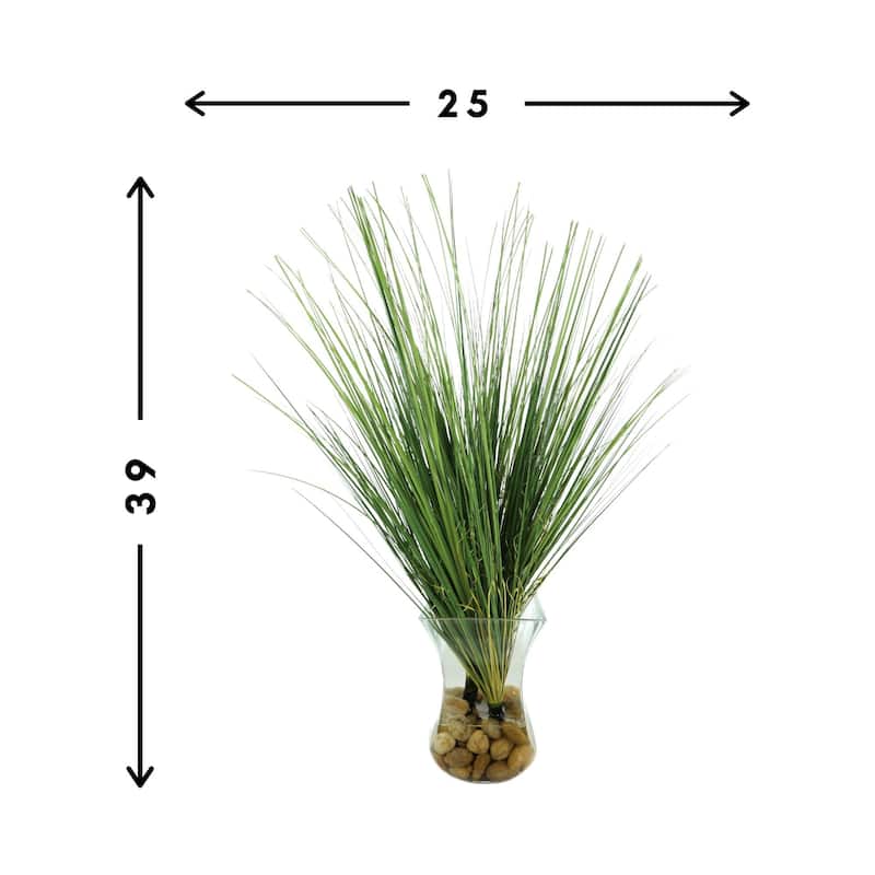 Organic Modern Onion Grass Bush in a glass vase with acrylic water and rocks - Green