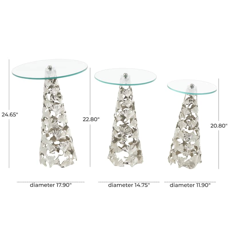 Aluminum Metal Floral Cutout Cone Shaped Accent Table with Tempered Glass Tabletop - Set of 3 Silver or Gold - Roche River Decor