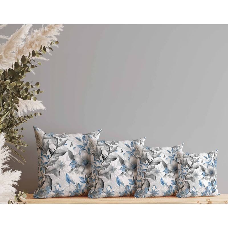 Exquisite Floral Breeze Indoor/Outdoor Reversible Throw Pillow Blue and Grey