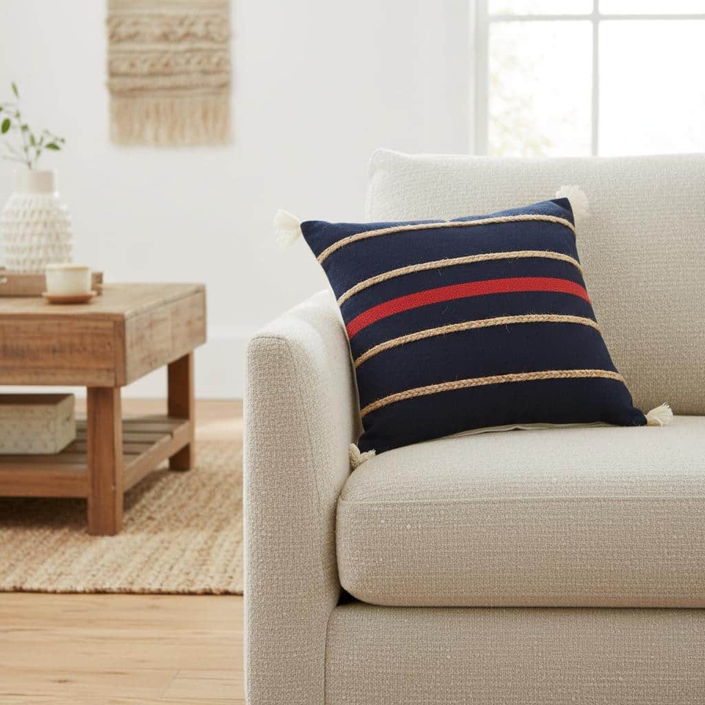 24" X 24" Navy Red And Tan 100% Cotton Striped Zippered Pillow