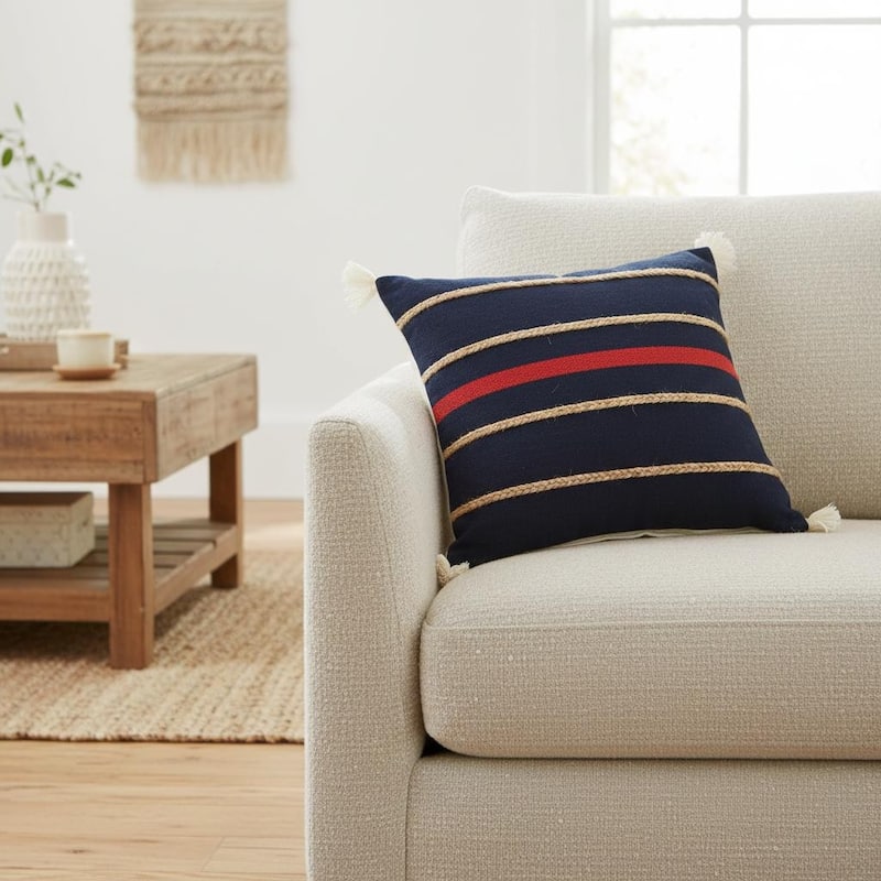 24" X 24" Navy Red And Tan 100% Cotton Striped Zippered Pillow - Polyester - Single - 24.00 in. x 24.00 in. x 4.00 in. - Pillow Sets - Navy Blue/Tan/Red