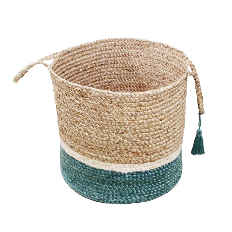 Sevita Teal and Natural Jute Color Block Storage Basket with Handles
