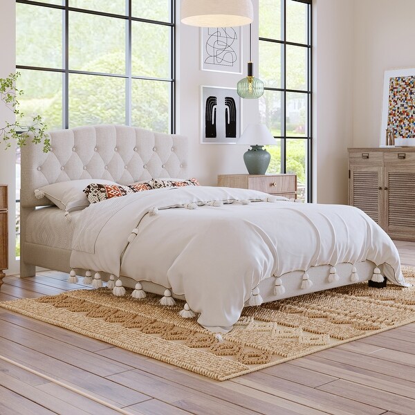 Stylish Queen Size Linen Upholstered Platform Bed Tan