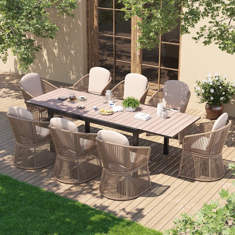Outdoor Patio Dining Sets with Rattan Chairs and Aluminum Extendable Dining Table for 8 Persons