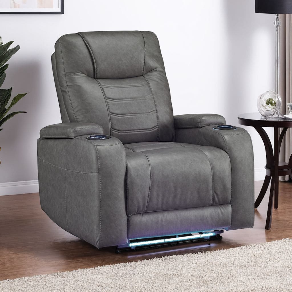 Scon Power Recliner Chair, 37 Inch, LED Light, Gray Faux Leather