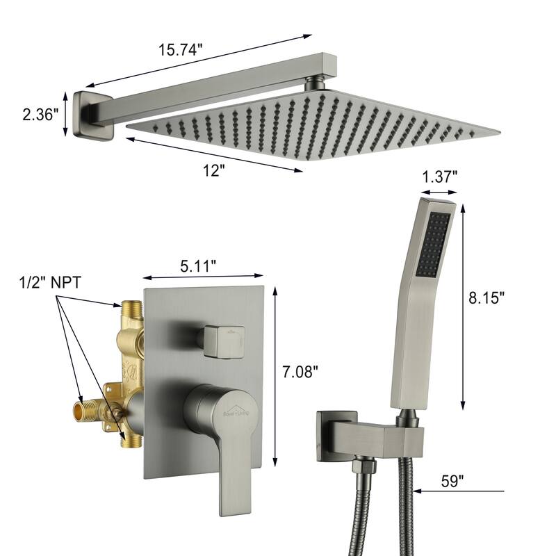 2.5 GPM 12 in. Wall Mount Dual Shower Heads with Pressure Balance Valve
