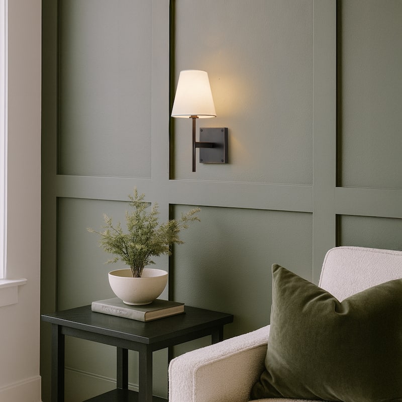 Modern Bronze 1-Light Fabric Shade Wall Sconces Farmhouse White Linen Tapered Shade Sconce For Bathroom Mirror Hallway